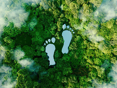 A lake in the shape of human footprints in the middle of a lush forest as a metaphor for the impact of human activity on the landscape and nature in general. 3d rendering. Schlagwort(e): 3d rendering