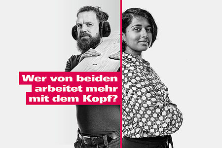Tischler mit Hörschutz und Brett auf der Schulter und Frau mit verschränkten Armen, getrennt durch eine horizontale rote Linie. Schriftzug: Wer von beiden arbeitet mehr mit dem Kopf?