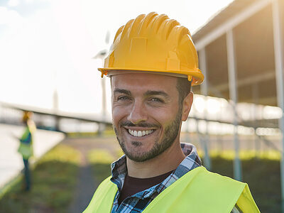 Porträt eines Mannes mit Schutzhelm und Warnweste auf einer Baustelle