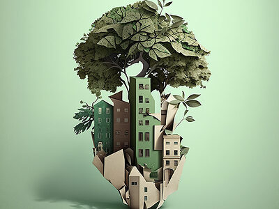 Grafik nachhaltiges Bauen zeigt Gebäude, wie wie eine Pflanze emporwachsen.