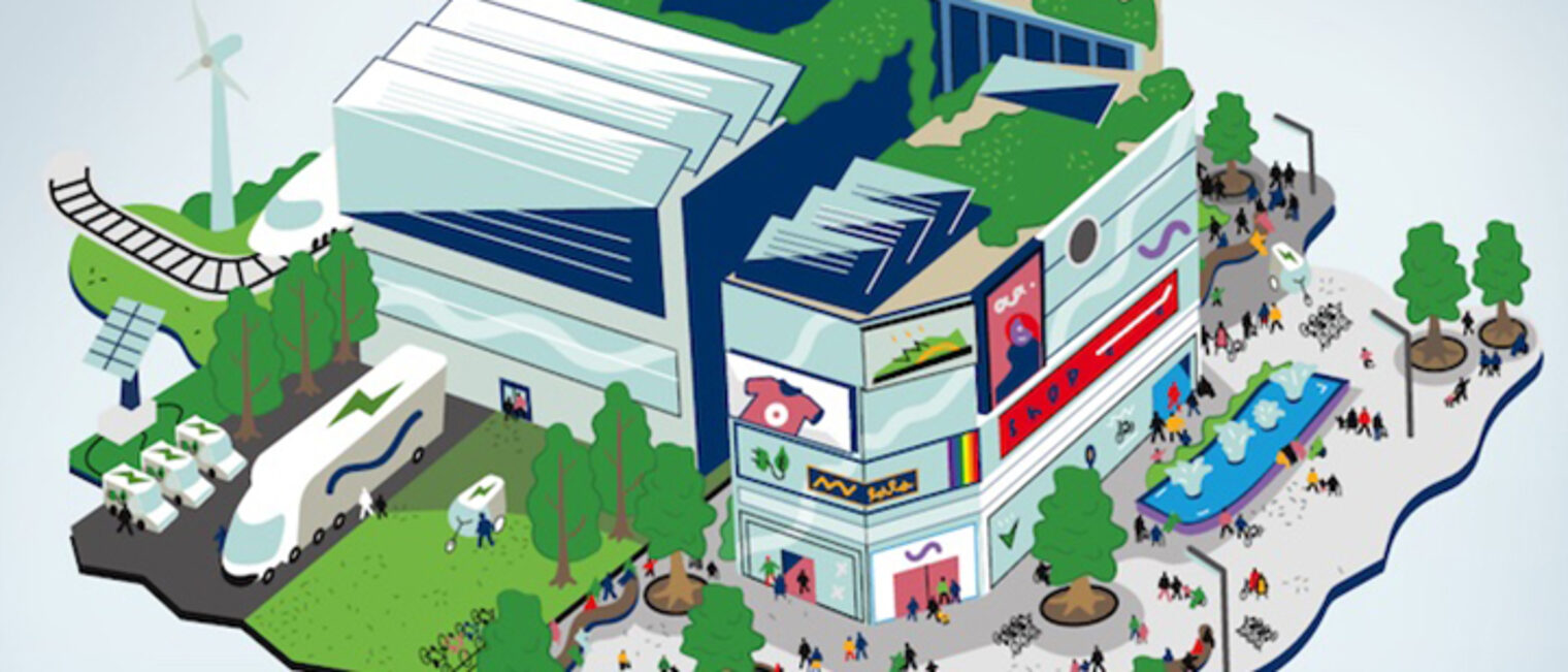 Einkaufszentrum mit Photovoltaik auf dem Dach (Grafik)