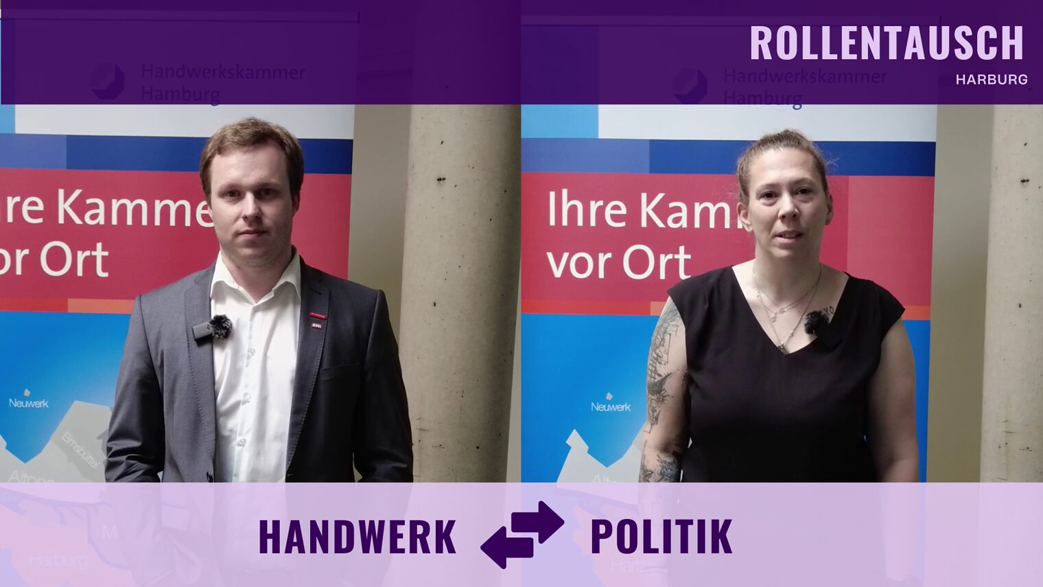 Handwerker und Politikerin vor Kammer-Roll-up