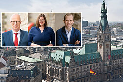Die Bürgermeisterkandidat*innen Peter Tschentscher, Katharina Fegebank und Dennis Thering mit Hamburger Rathaus