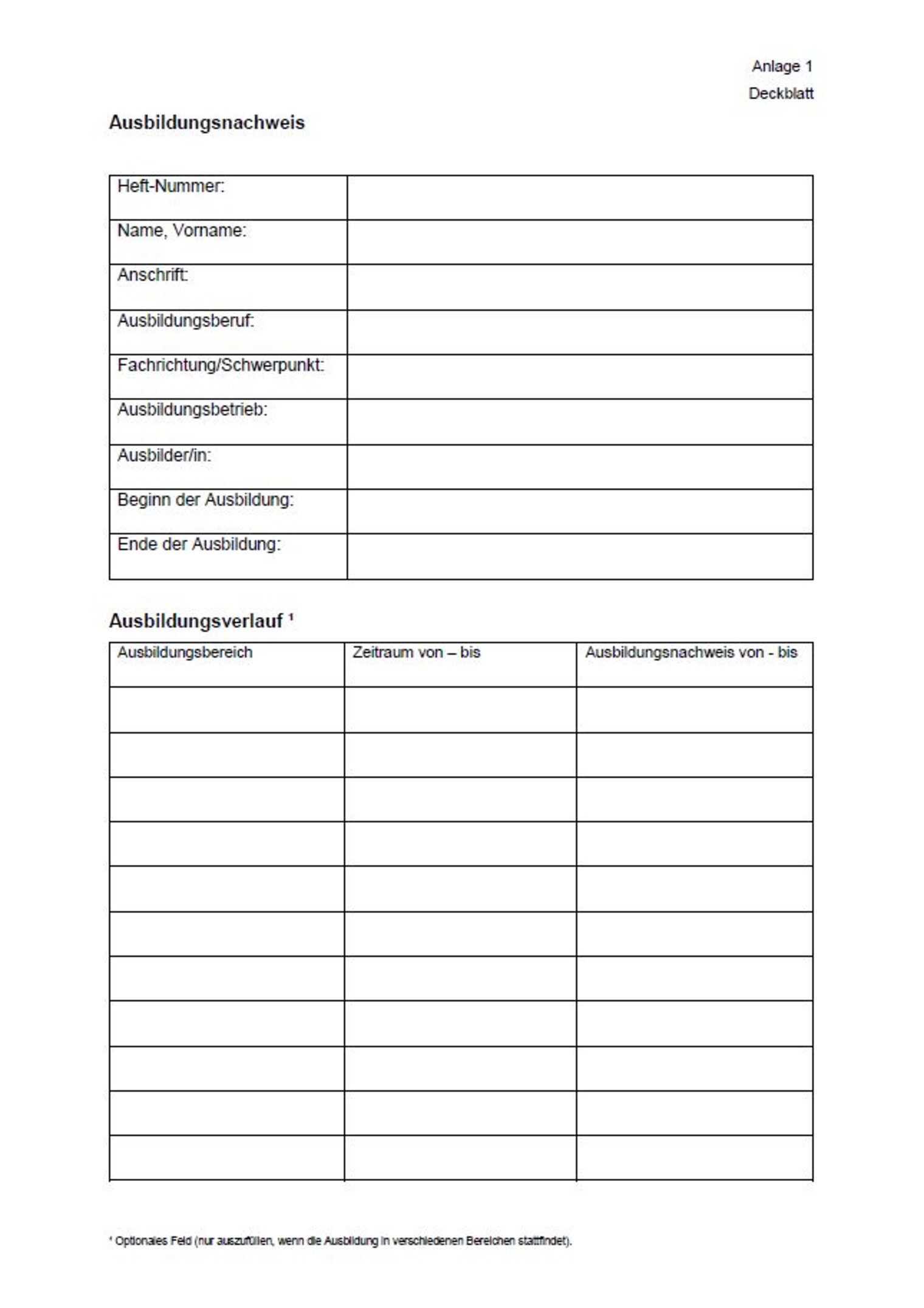 Das Deckblatt für den Ausbildungsnachweis bzw. das Berichtsheft
