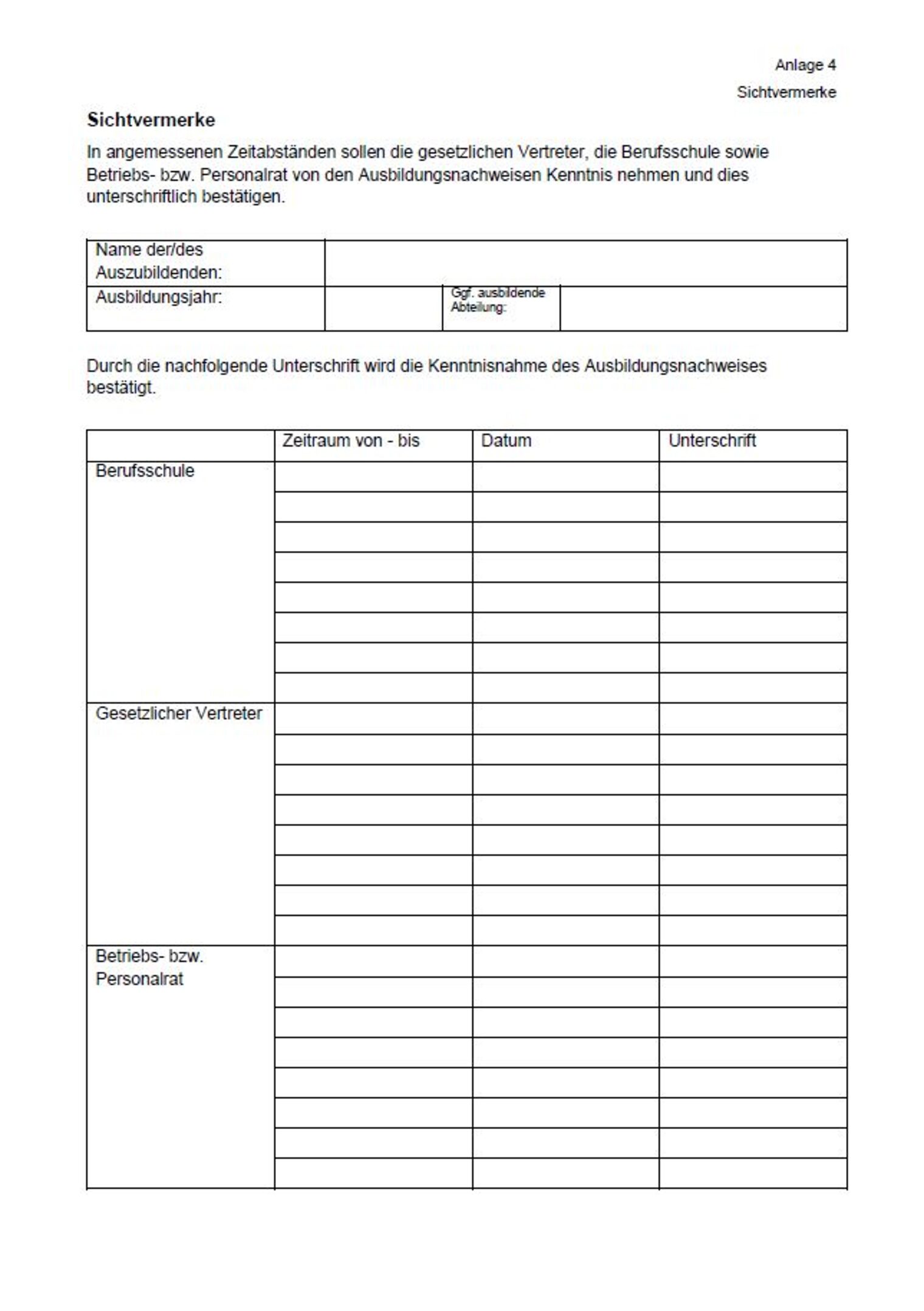 Sichtvermerk für einen Ausbildungsnachweis bzw. Berichtsheft