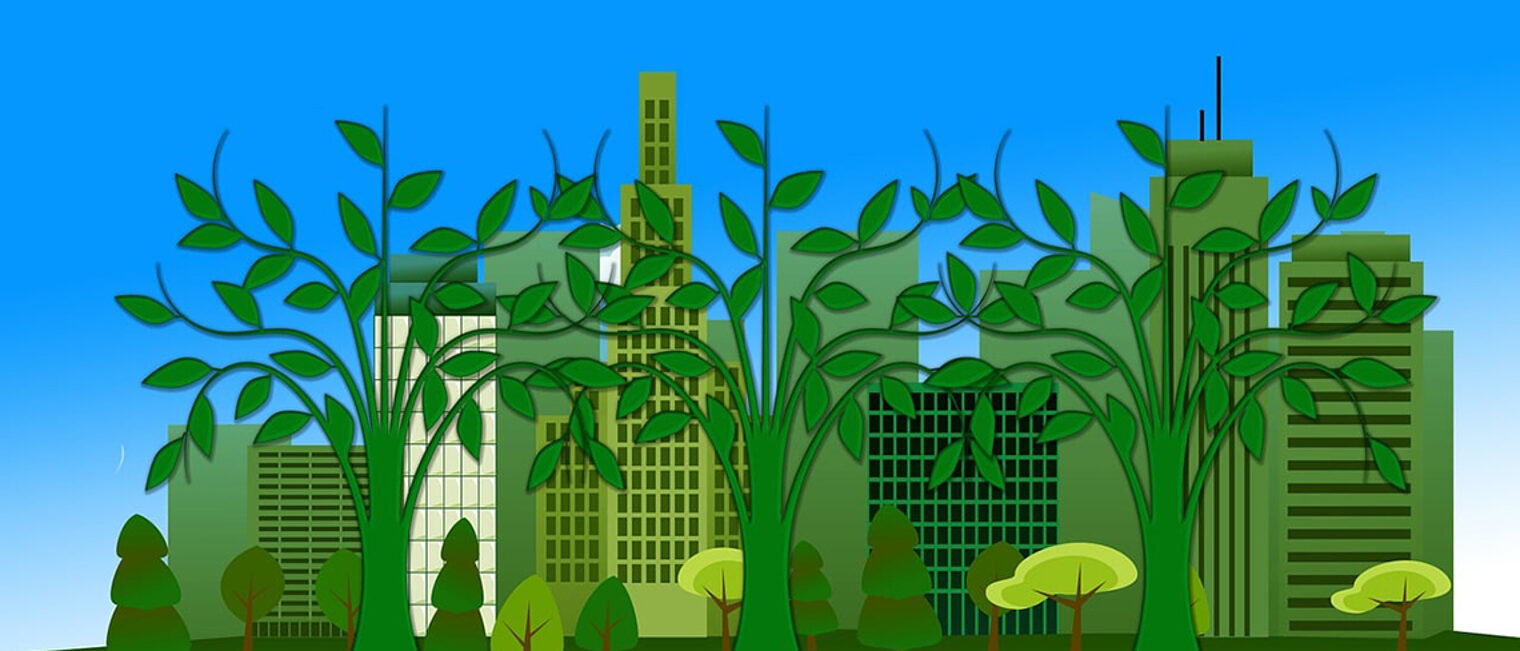 Grafik mit Bäumen vor Hochhäusern und blauem Himmel