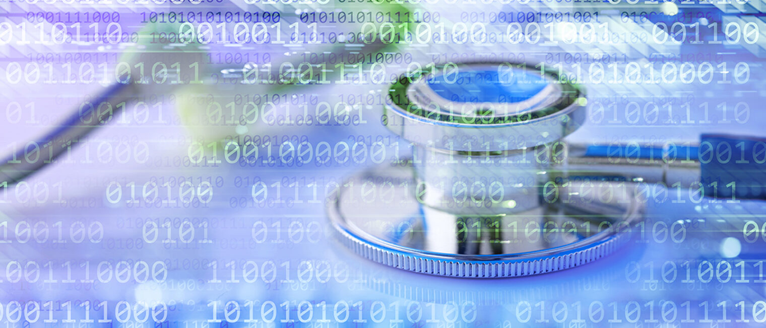 Stethoskop mit Zahlenreihen aus Nullen und Einsen
