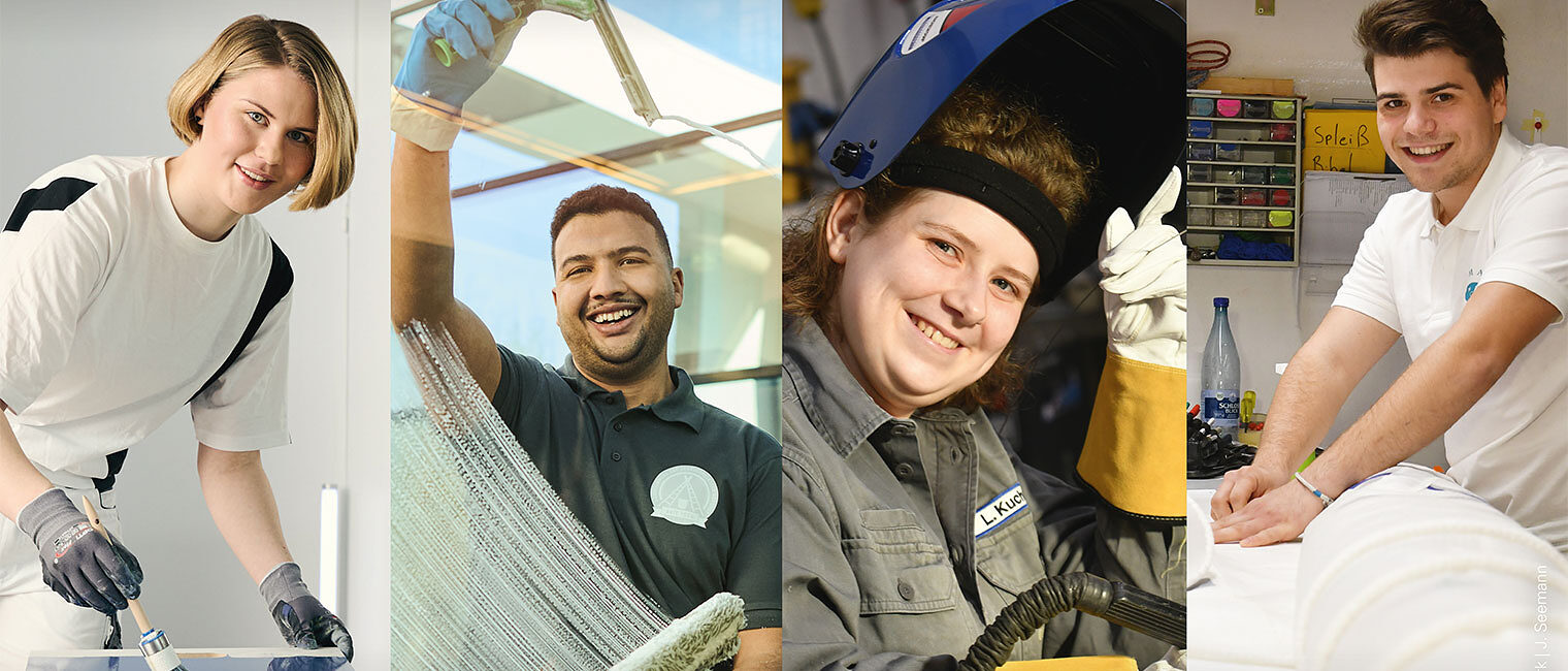 Bildmontage von vier jungen Menschen aus unterschiedlichen Gewerken im Handwerk