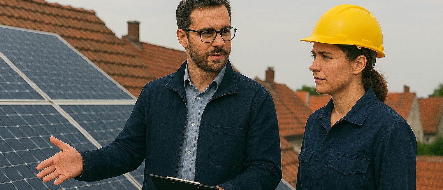 Frau und Mann im Gespräch vor PV-Anlage auf einem Dach