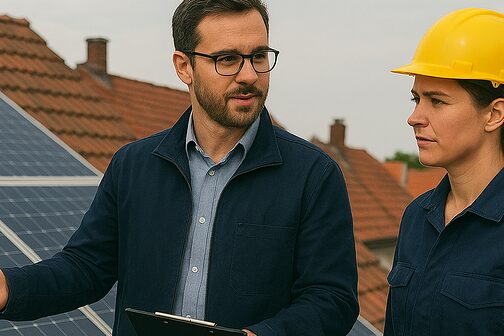 Frau und Mann im Gespräch vor PV-Anlage auf einem Dach