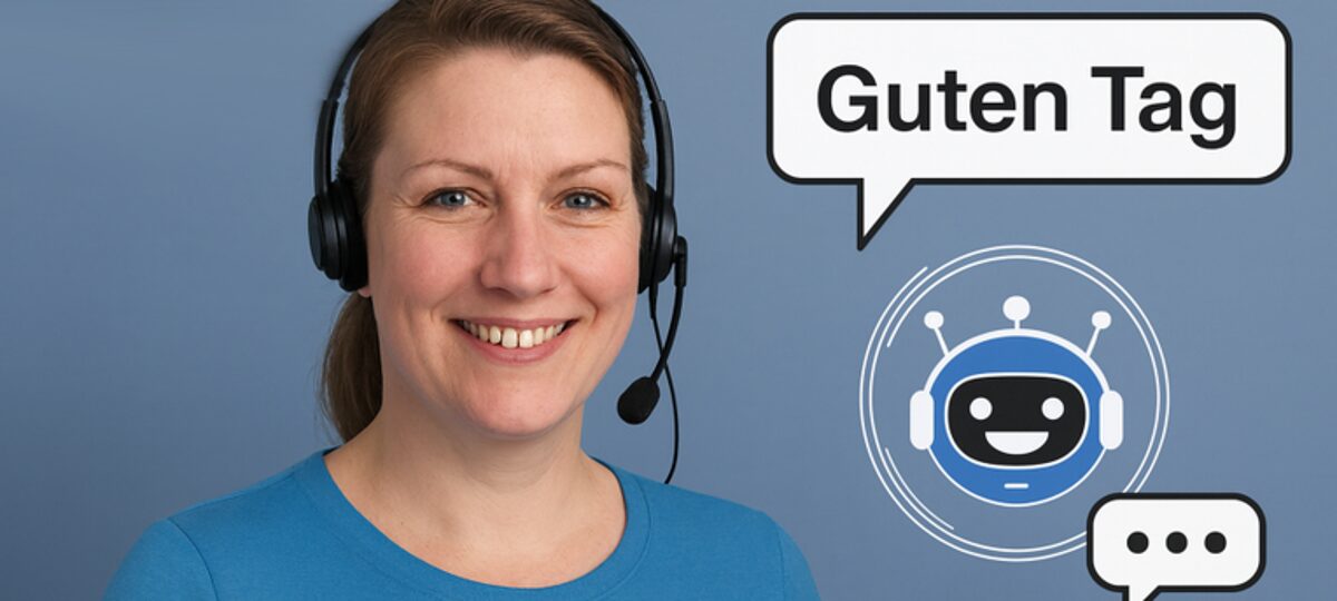 Frau mit Headset, Chatbot-Symbol und Sprechblase