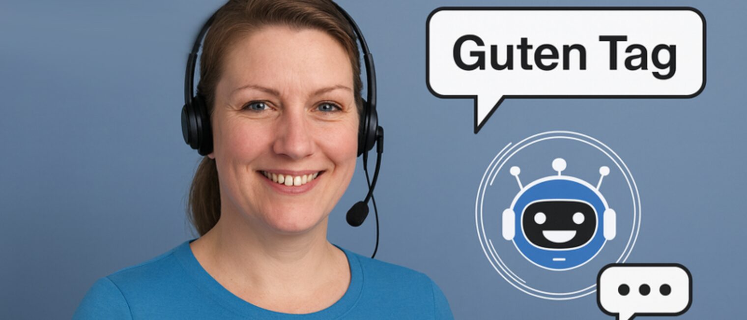 Frau mit Headset, Chatbot-Symbol und Sprechblase