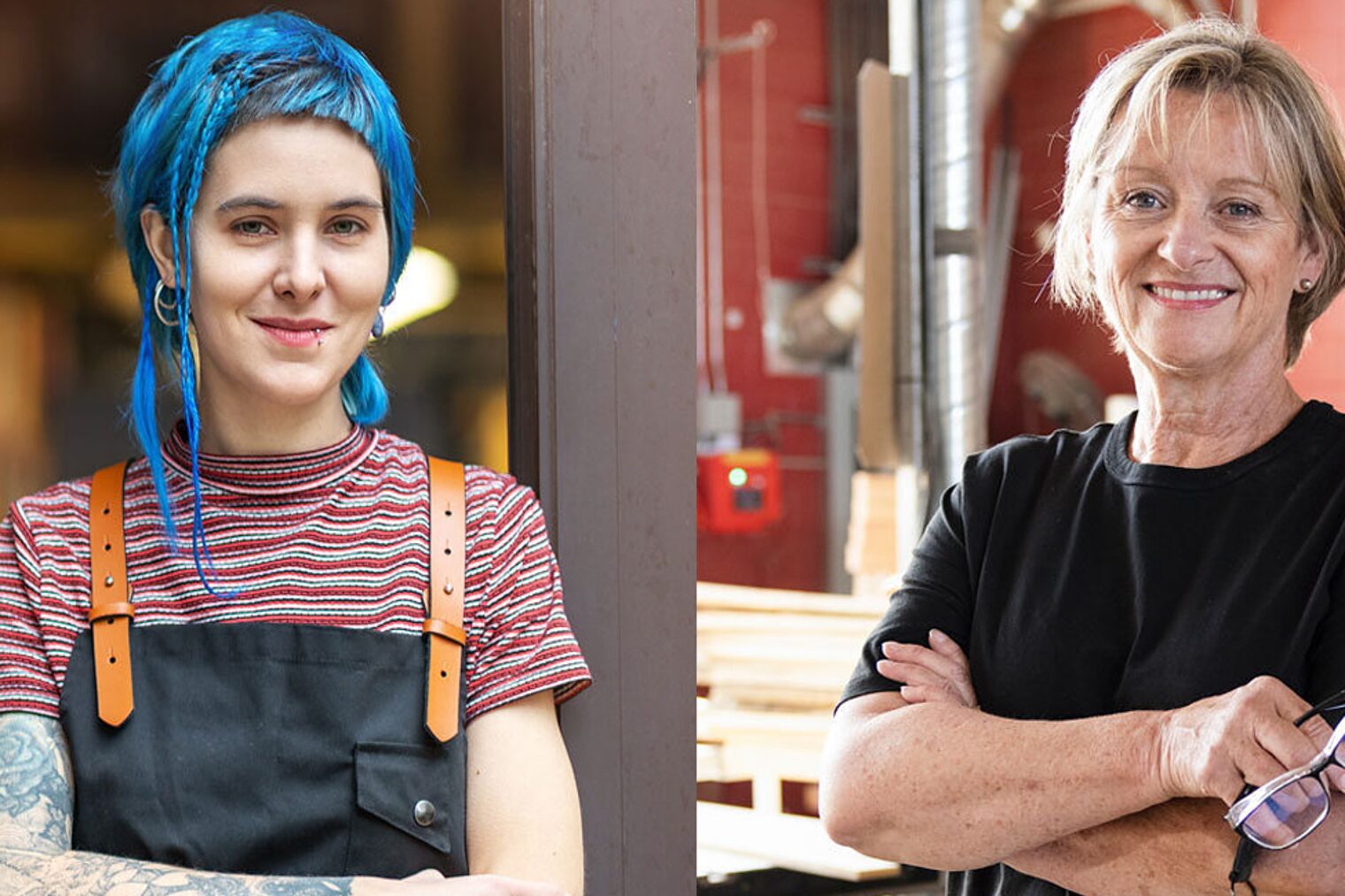Junge Auszubildende und erfahrende ältere Handwerkerin in Werkstatt