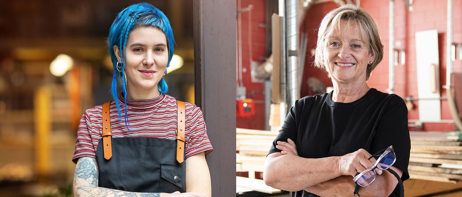 Junge Auszubildende und erfahrende ältere Handwerkerin in Werkstatt