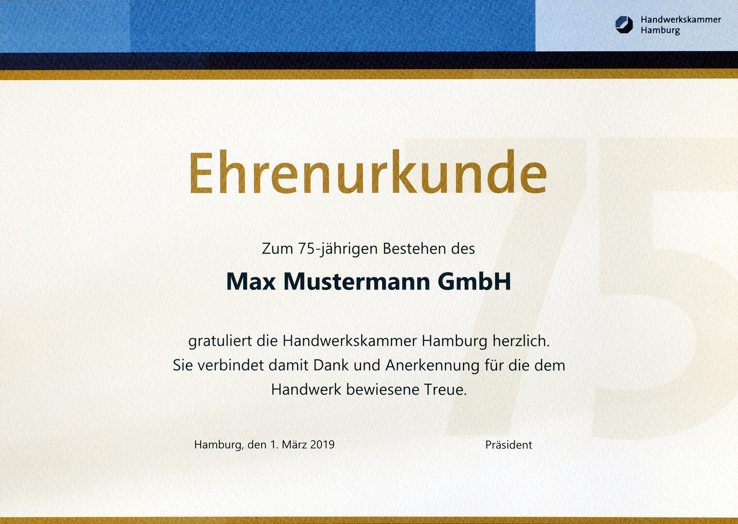 100 Jahre Ehrenurkunde, Ehrenurkunde, Firmenjubiläum