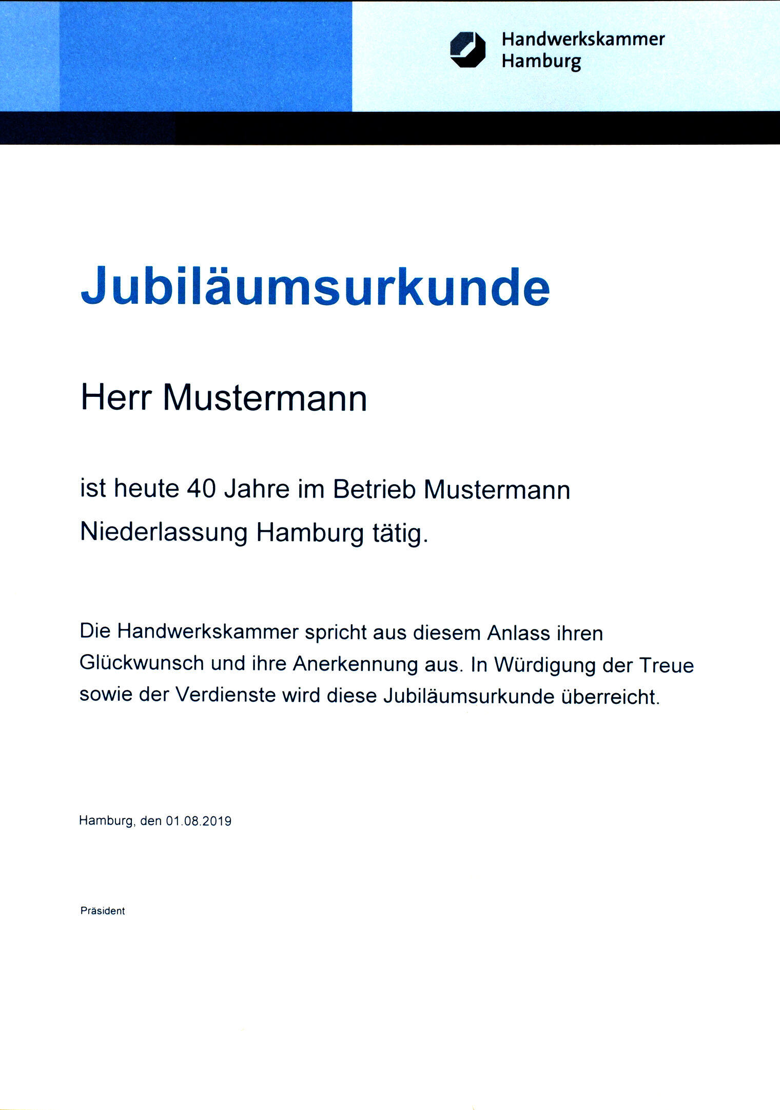 Mitarbeiterurkunde, Firmenjubiläum, Urkunde, 