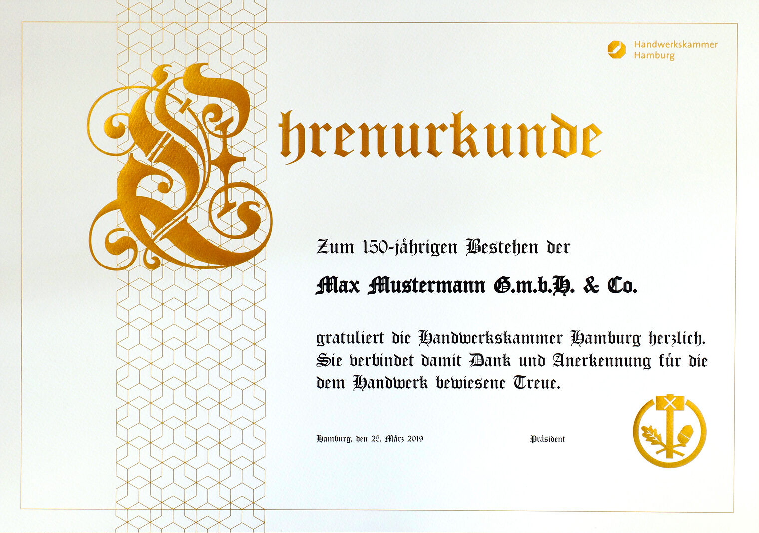 100 Jahre Ehrenurkunde traditionell, Firmenjubiläum