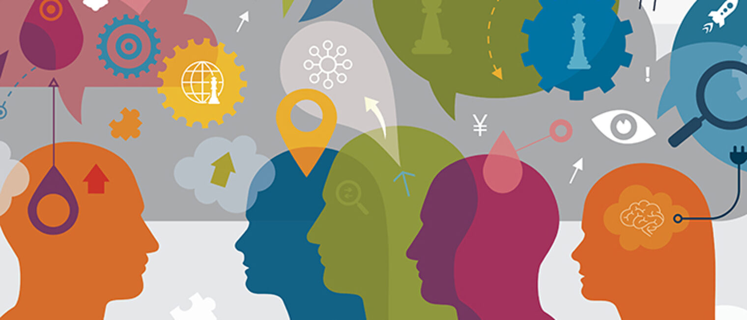 Abstract vector illustration showing a team brainstorming, looking for the right business idea. The lower part of illustration contains man and women silhouettes. Silhouette on the left is a team leader, while silhouettes on right are team participants. All around people there are placed different elements/icons related with interaction in between working group. We can see a lot of symbols and metaphors like: speech bubbles for communication; puzzles for looking right solutions; gears and wheels for thinking/working; ladders for improvement; electric bulb for right idea; arrows for communication directions; drops for ideas/reviews, chess figure for strategy, currency symbols; target for aspirations ect. Illustration palette is highly vibrant and eye catching. Illustration is nicely layered and it is easy for editing. Schlagwort(e): Vibrant Color, Vector, New Business, Wisdom, Women, Men, Searching, Flat, Illustration, Brainstorming, Abstract, Graph, Arrow Symbol, Gear, Thinking, Analyzing, Intelligence, Jigsaw Puzzle, Computer Icon, Speech Bubble, Dollar Sign, Currency Symbol, Wheel, Success, Expertise, Leadership, Solution, Strategy, Planning, Cooperation, Teamwork, Sharing, Discussion, Connection, Communication, Contemplation, Growth, Concepts, Direction, Industry, Business, Human Brain, Silhouette, Magnifying Glass, Visualization, Team, Debate